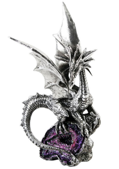 Silver Dragon Figurine with Purple Crystal