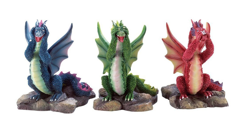 3 small hear speak see no evil 4" statue RED BLUE GREEN winged DRAGON throne 