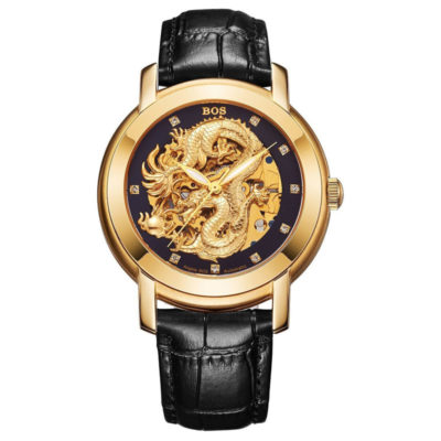 BOS Men's 'Dragon Collection' Luxury Gold Watch with Calfskin Strap