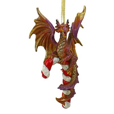 gold and purple dragon with tail wrapped around candy cane front view