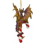 gold and purple dragon with tail wrapped around candy cane back view