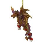 gold and purple dragon with tail wrapped around candy cane side view