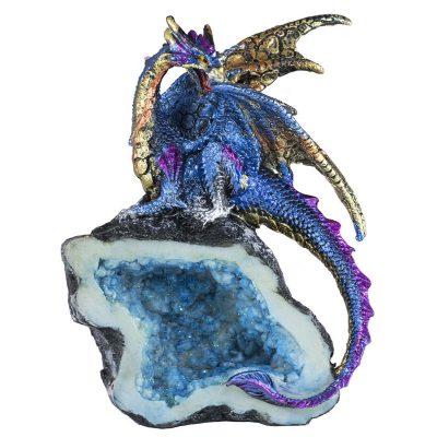 Metallic Blue Dragon on Geode Rock Figurine