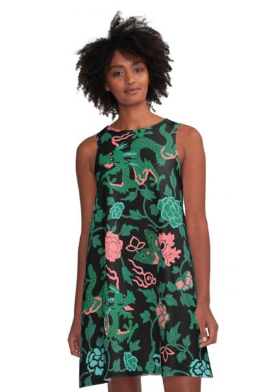 Dragons and Flowers Pattern A-Line Dress