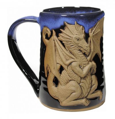 Ferocious Dragon - Blue on Black - Handmade Pottery Mug