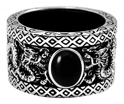 Vintage 925 Sterling Silver Double Dragons Ring with Black Stone