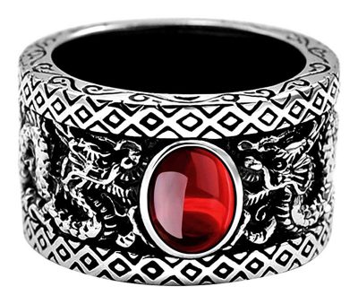 Vintage 925 Sterling Silver Double Dragons Ring with Red Stone