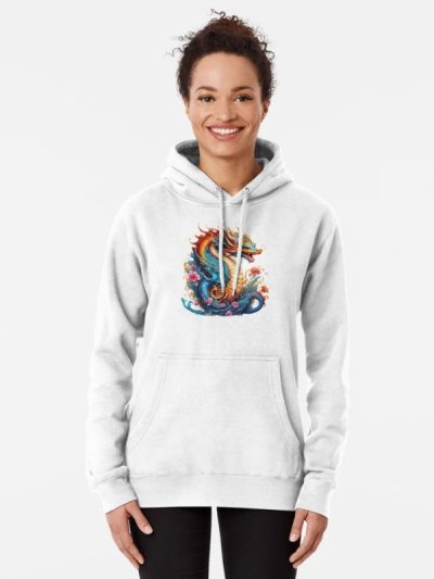 Gold and Blue Flower Dragon Pullover Hoodie