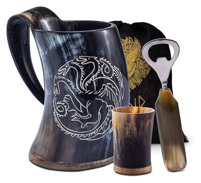 Viking Dragon Horn Mug with Shot Glass and Opener